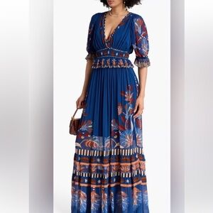 FARM RIO Gathered printed georgette maxi dress blue nature